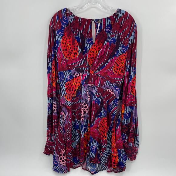 FREE PEOPLE Romper Colorful Long Sleeve Size S Oversized Flowy Deep V-Neck - Picture 1 of 9